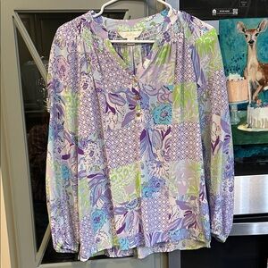 Lilly Pulitzer Elsa Juicy Story Silk Lavender Patchwork Blouse XS